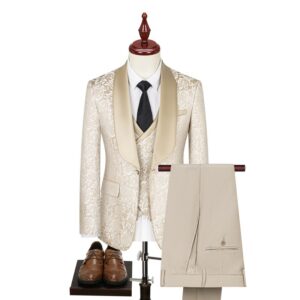 Men's Clothing autumn and winter new color matching printed suit three piece suit men's jacquard wedding dress stage perfo...
