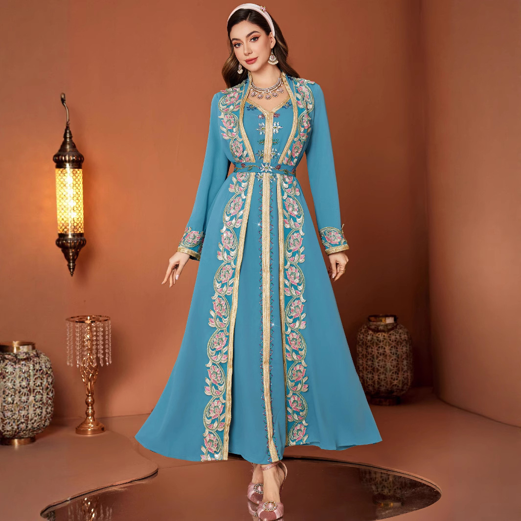 "Lace Trim V-Neck Belted Dress - Elegant Two-Piece Style Maxi Dress With Embroidery & Metallic Accents, Peacock Blue Long ...