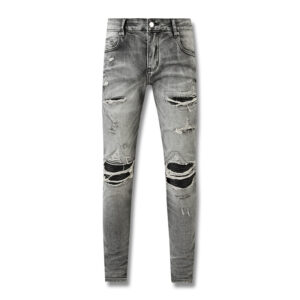 Men's Distressed Jeans With Leather Panels - Slim Fit Grey Denim Pants, Streetwear Patchwork Designer Jeans For Men - Herr...