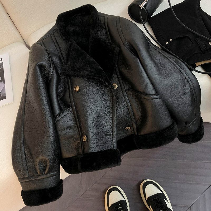 Women's Clothing Winter Women's Faux Fur Leather Jacket Short Coat Plush Thickening Fashion Motorcycle Clothes Plush Leath...