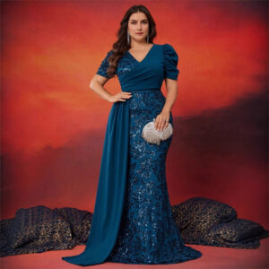 ​​Elegant Plus Size Sequin Embellished V-Neck Short Sleeve Cocktail Party Dress For Women​​ - Damenbekleidung