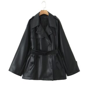 Autumn New Women's Solid Color Double Breasted With Waist Belt, Mid Length Leather Windbreaker Jacket - Damenbekleidung