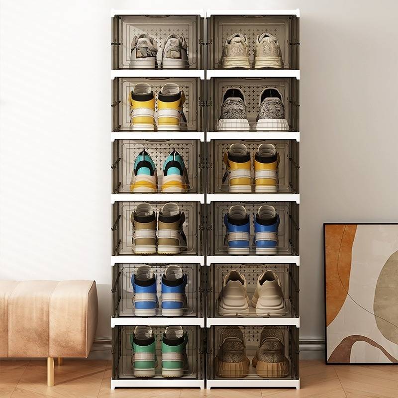Transparent Foldable Shoe Cabinet Integrated Free Installation Shoe Cabinet Storage Box Plastic Gray Multi Layer Household...