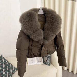 ​​Women's Short Down Jacket With Oversized Fox Fur Collar - Winter Fashion Coat With White Duck Down, Detachable Fur, Loos...