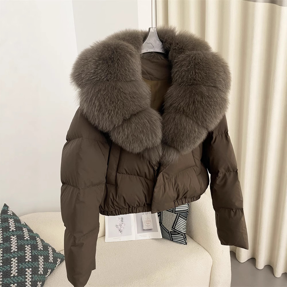 Women's Short Down Jacket With Oversized Fox Fur Collar - Winter Fashion Coat With White Duck Down, Detachable Fur, Loos...