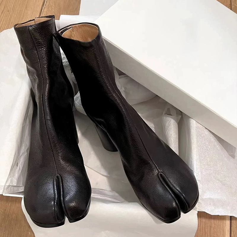 Women Ankle Boots Fashion Autumn Winter Soft Leather Split Toe Tabi Thick High Heels Chunky Shoes Ins Style Short Booties ...
