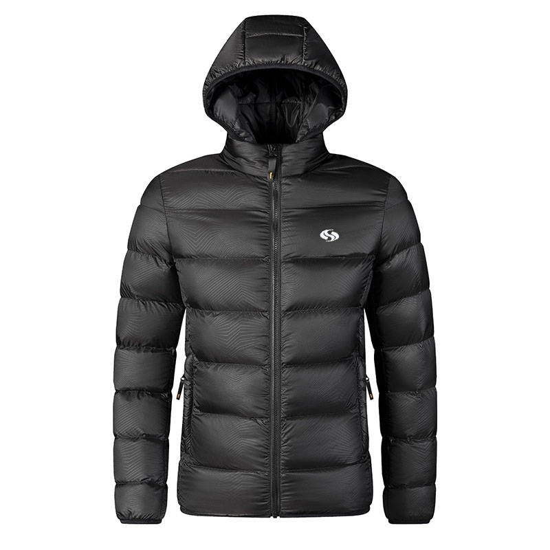 Men's Lightweight Short Puffer Jacket With S Letter Print, Casual Zip Up Hooded Coat For Men, Minimalist Style, Fall Winte...
