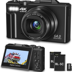 Digital Camera For Photography, WiFi 64MP 4K Vlogging Camera F 3" 180° Flip Screen 18X Digital Zoom Compact Vlog Travel Ca...