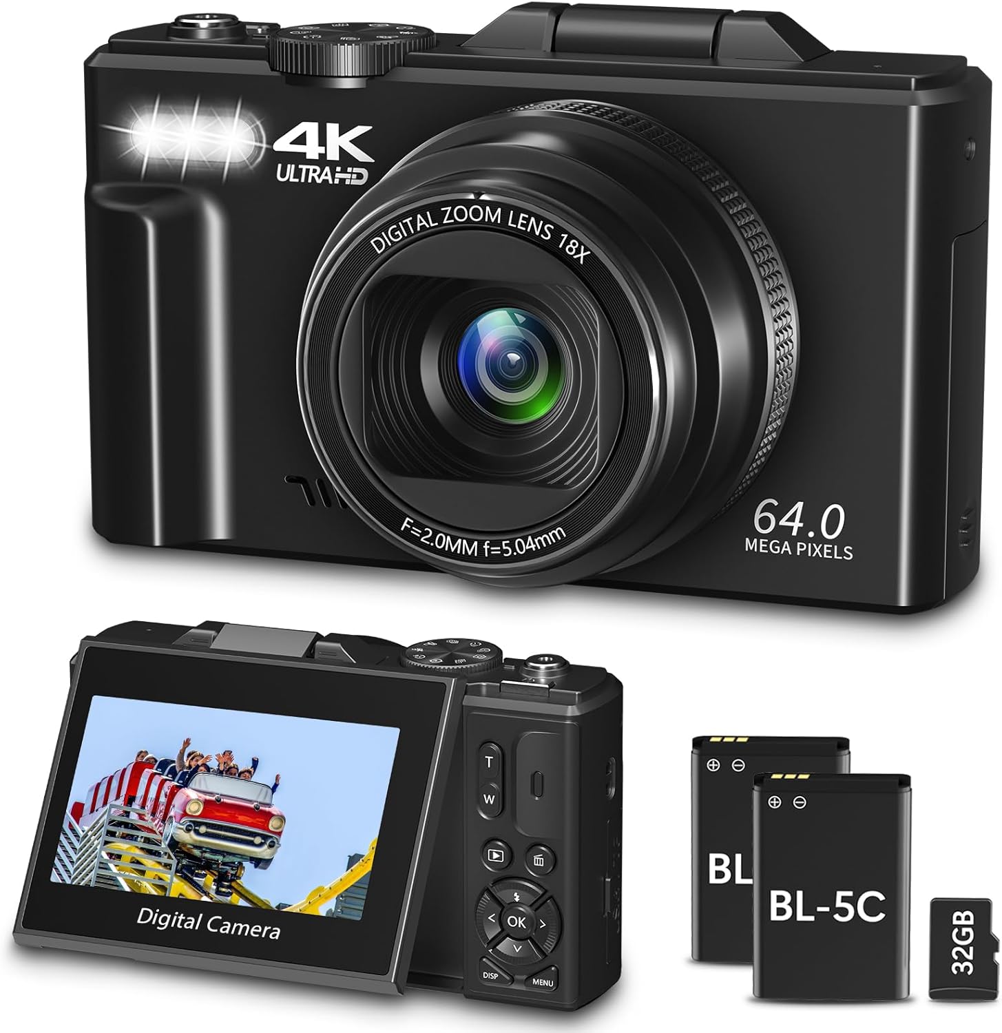Digital Camera For Photography, WiFi 64MP 4K Vlogging Camera F 3" 180° Flip Screen 18X Digital Zoom Compact Vlog Travel Ca...