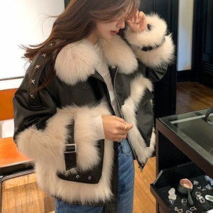 Women's Fox Fur Patchwork Fur Motorcycle Vintage Loose Jacket - Damenbekleidung | Technik & Gadgets
