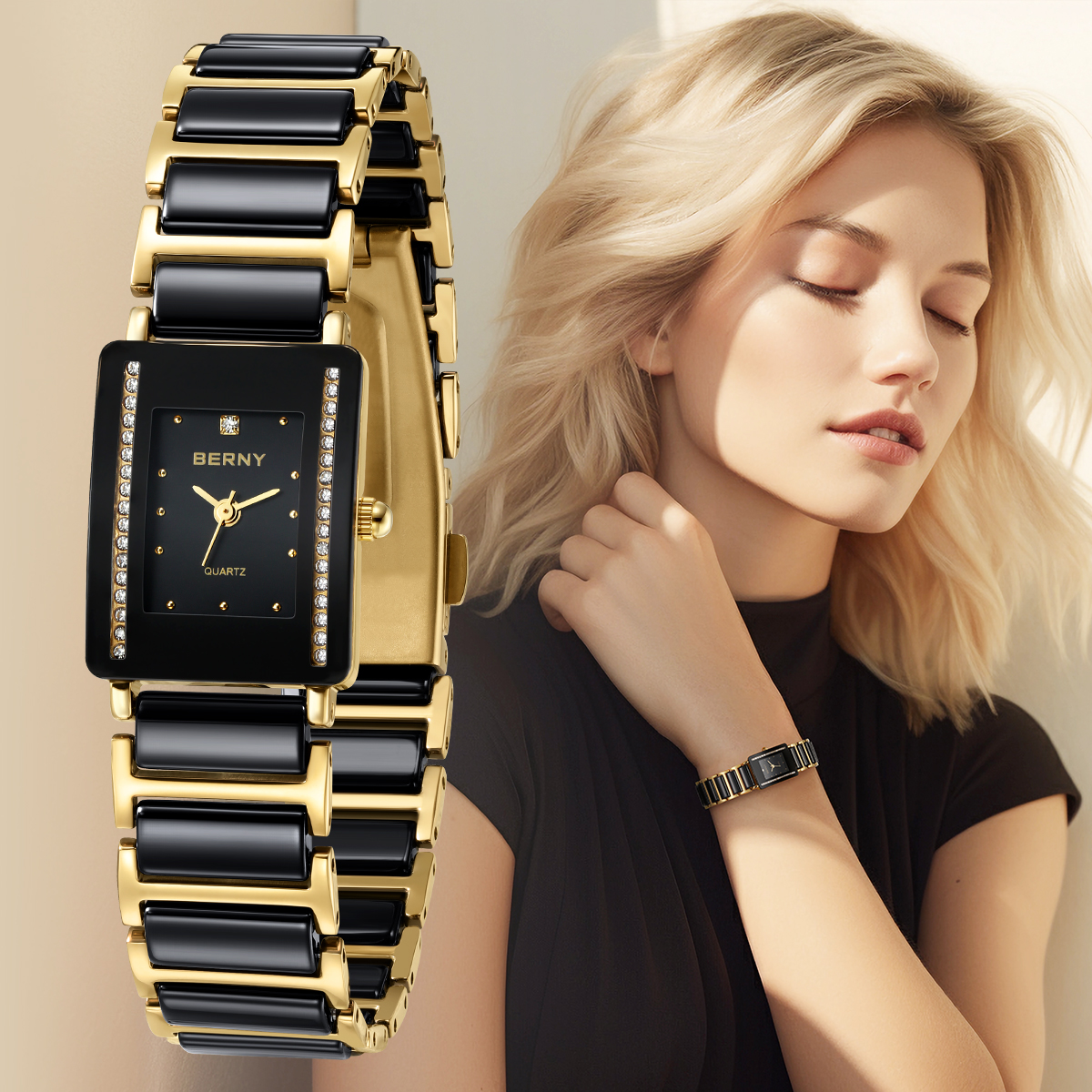 BERNY Rectangular Watches For Women Two-Tone Ceramic Band Quartz Analog Watch Luxury Diamond Stainless Steel Waterproof Mi...