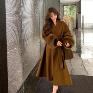 Women's Clothing autumn and winter new V neck double faced wool coat for women long fox fur cuffs cashmere wool coat - Dam...