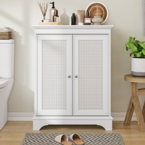Freistehender Badschrank Mit Stauraum, Weiß Mit Korbtüren Und Verstellbarem Regal, Für Wohnung - Waschen & Reinigen