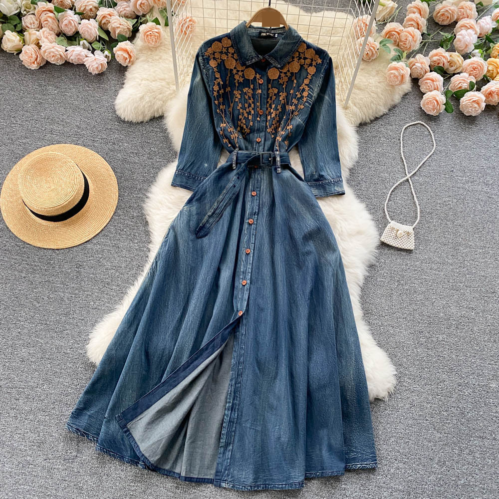 Women's Clothing retro heavy embroidery design niche high end celebrity temperament single breasted denim dress for women ...