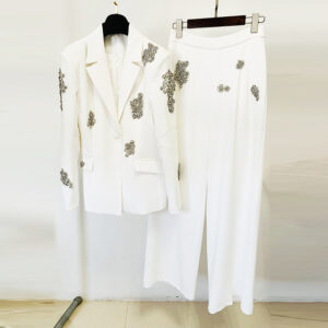 Women's Clothing fashion new heavy beaded diamond one button suit jacket wide leg pants suit two pieces - Damenbekleidung