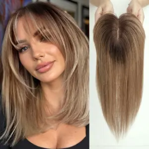 Brown Ombre Human Hair Topper with Bangs Silk Base 3Clip Pieces for Women Hair Extension - Haircare Products
