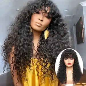 Cheap Deep Curly Brazilian Human Hair Wig with Bangs Machine Made Wigs for Women - Haircare Products | Technik & Gadgets