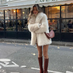 ​​Women’s Mid-Length Faux Fox Fur Coat – Soft & Fluffy Winter Coat (Rice Apricot, S-XXL)​​ - Damenbekleidung