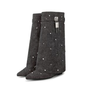 Big size new denim rhinestone lockup mid-calf boots wedge-heeled pants boots for women - Schuhe | Technik & Gadgets