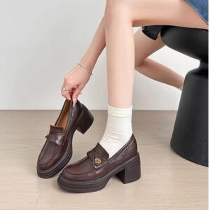 Camellia Leather High Top Thick Bottom Loafers 2025 New England Style Short Heel Mary Jane Women's Shoes Hundred Leisure D...