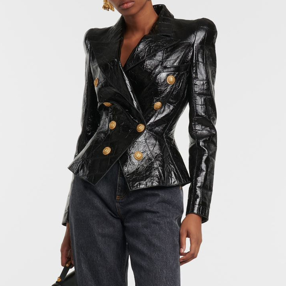 Women's Clothing autumn and winter new style black pu leather shiny shrug slim small suit waist waist temperament jacket t...