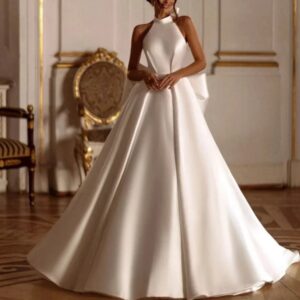 Women's Clothing light luxury high end satin wedding dress simple sexy front slit bride out of the veil classic halter nec...
