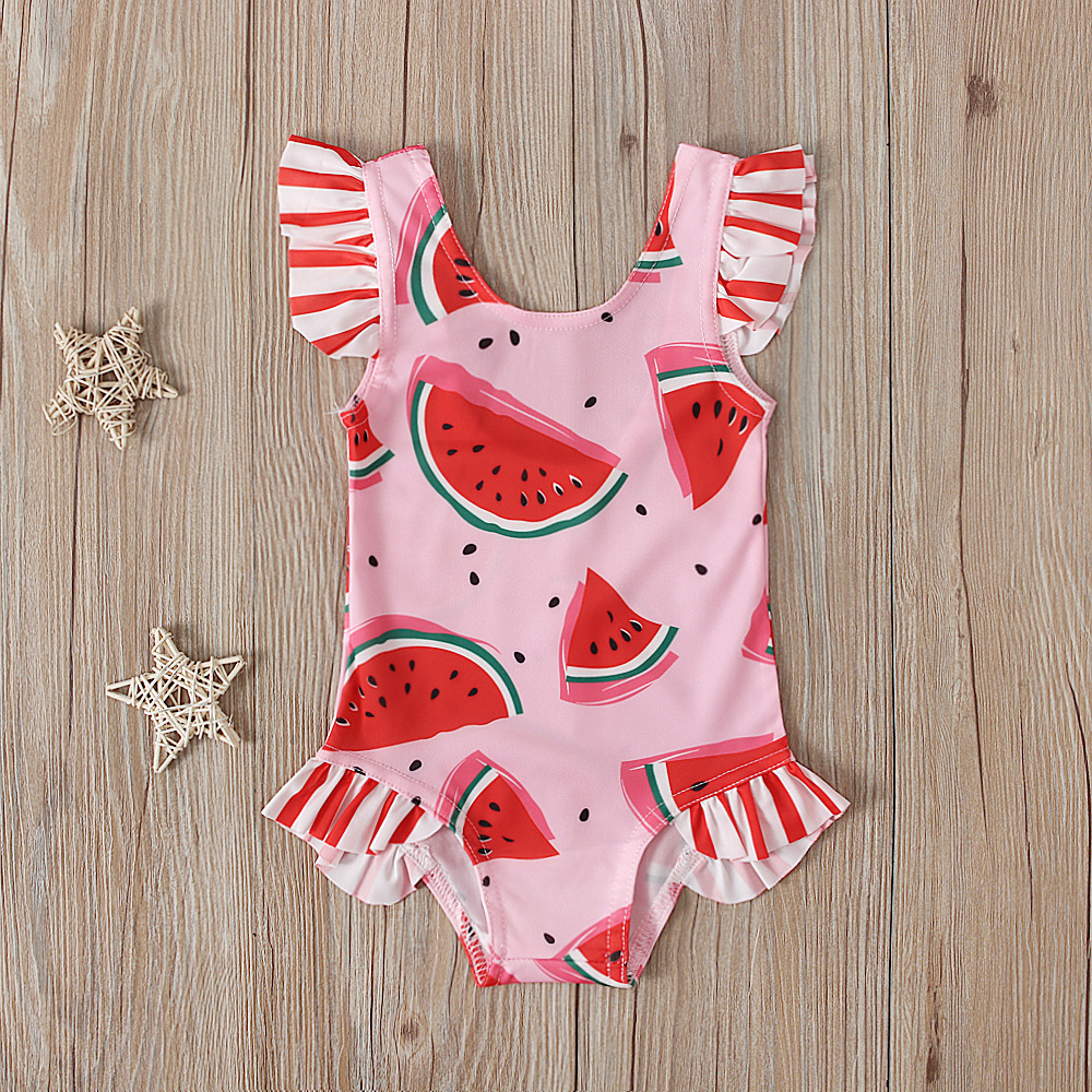Girls' Stylish Sleeveless Ruffle-Back Swimsuit – Breathable Milk Silk Fabric, Playful Watermelon Print, Uv Protection (80-...