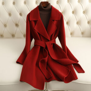 ​​Petite Double-Faced Wool Coat For Women – Mid-Length Belted Trench Coat In Black, Red, Brick Red, Camel & Cream​​ - Dame...