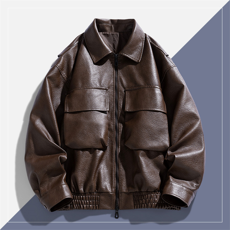 Lapel Leather Jacket Men's Spring And Autumn Jacket Light And Ripe Wind Top Versatile Flow Casual Ruffian Handsome Leather...