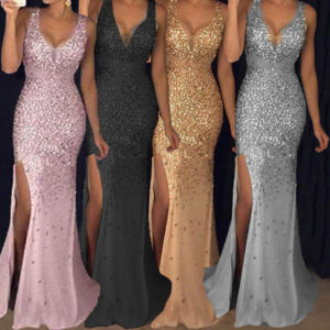 2025 New Women's Long With Suspender V-Neck Slit And Gold Sprinkled Dress - Damenbekleidung | Technik & Gadgets