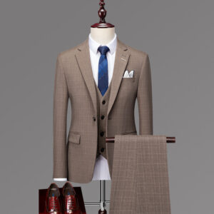 Men's 3-Piece Slim Fit Plaid Suit - Business Banquet Wedding Blazer Vest & Trousers Set (Navy/Gray/Black)​ - Herrenbekleidung
