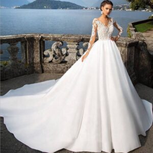 women’s wedding dress wedding bride 2024 new long-sleeved one-shoulder  style long tail satin lace wedding dress