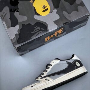 Travis Scott-Fragment Design BAPExN1KE Classic Retro Air-Jordan1 Low Low OG SP Bape-Co Branded Black, White, And Gray Stit...