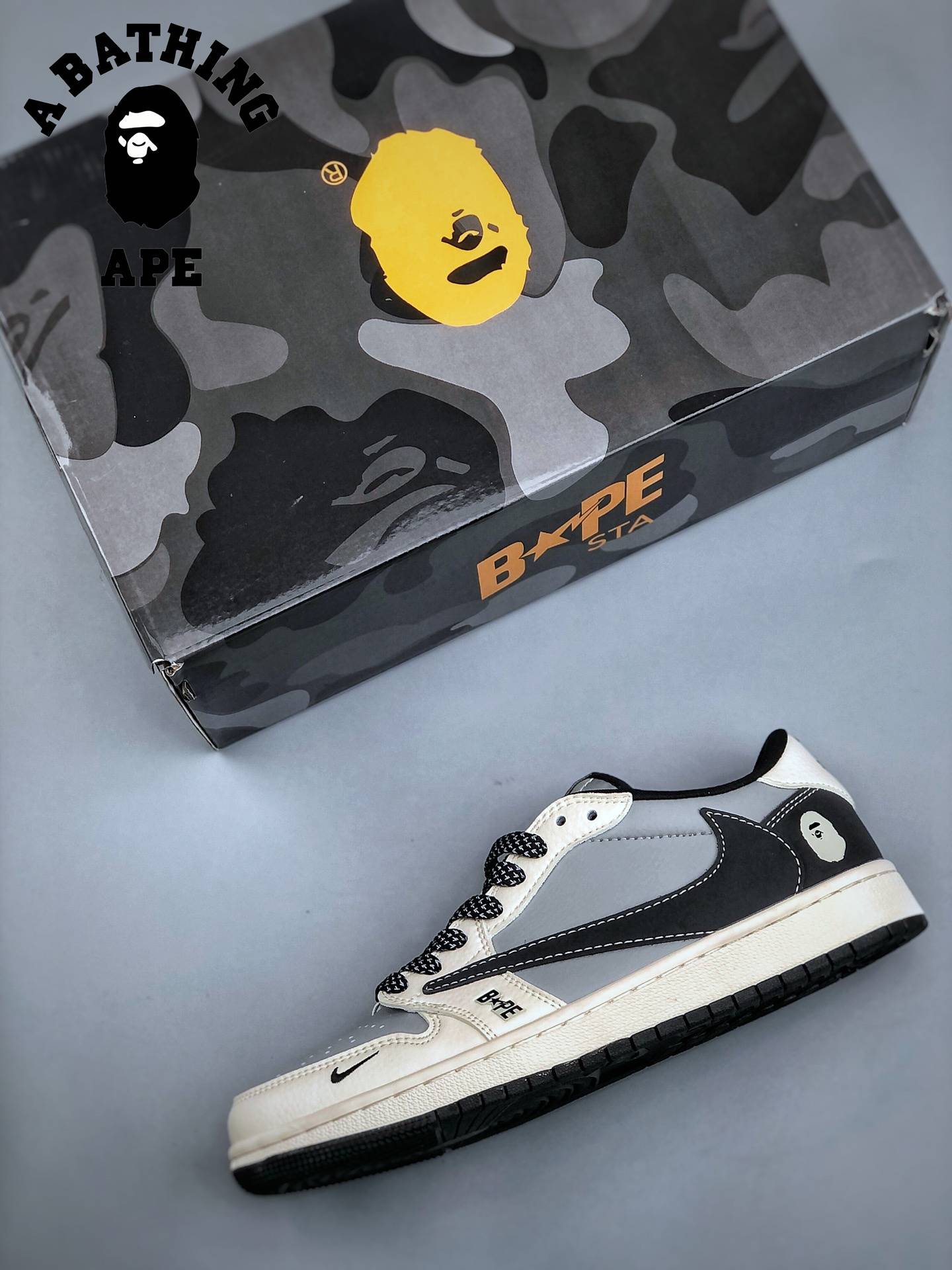 Travis Scott-Fragment Design BAPExN1KE Classic Retro Air-Jordan1 Low Low OG SP Bape-Co Branded Black, White, And Gray Stit...
