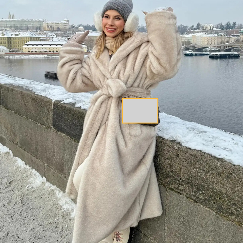 Women's Clothing Autumn and winter hooded fur coat for women long brand mink fur coat soft environmentally friendly fur co...