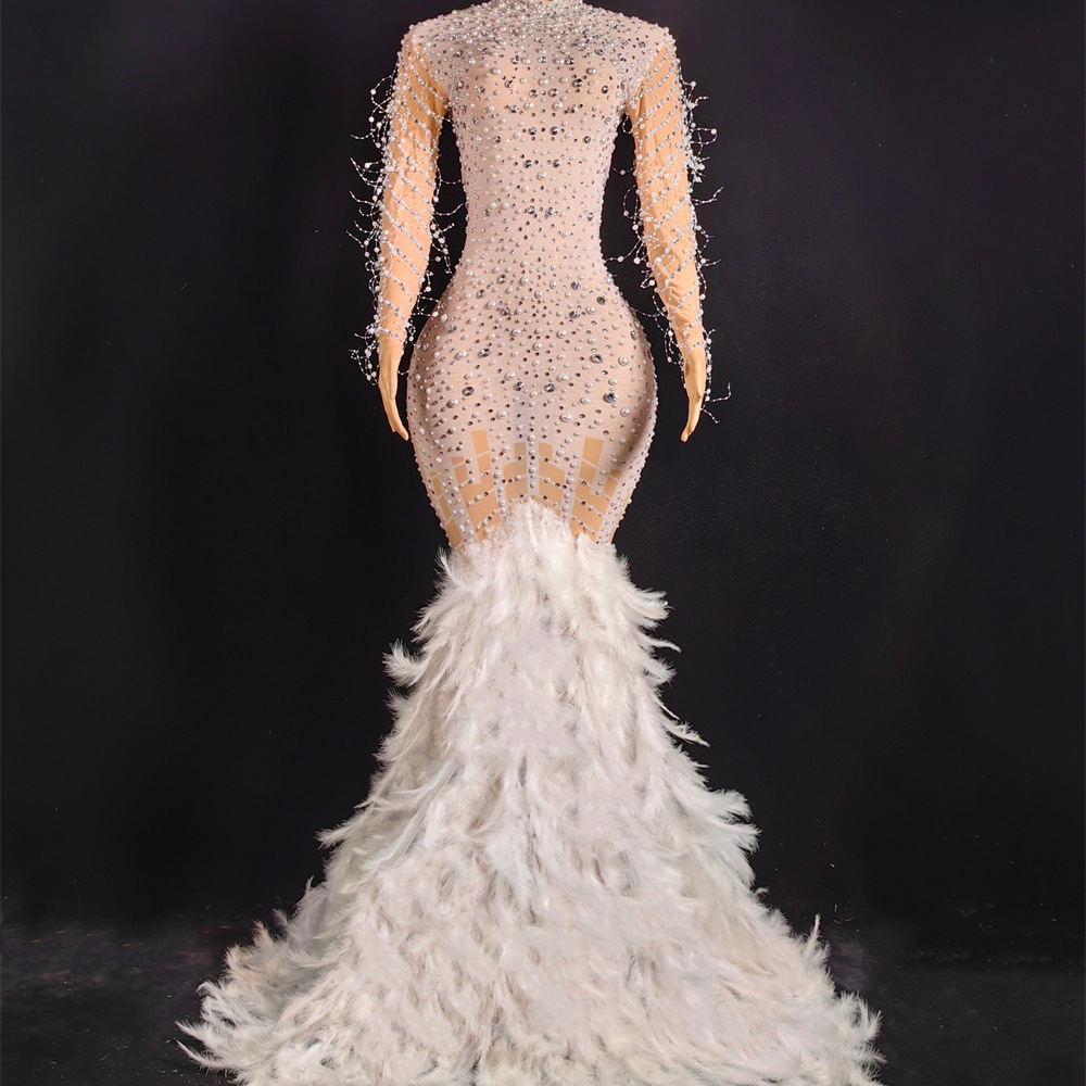 Women’s Clothing Fashion Sexy Mesh Hot Diamond Perspective One Piece Feather Long Dress Evening Dress Stage Performance Co...