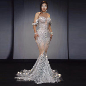 Women’s Clothing Show Bright Crystal Sequins Elegant Fishnet Dress Off Shoulder Wedding Dress - Damenbekleidung