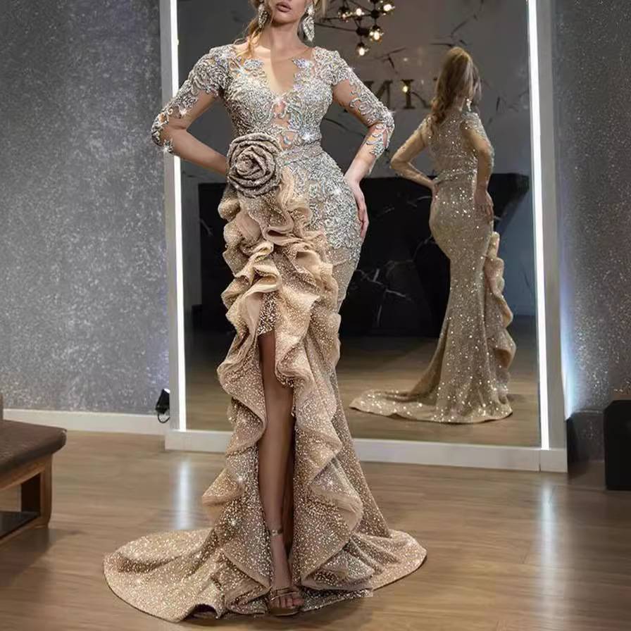 Sexy Gold Bling Night Even Banquet Dress Long Sleeve Lace Pleat Woman Elegant Sequin Prom Evening Party Dresses For Women ...