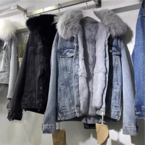 Women's Clothing Design Stitching Blue Denim Jacket Fashionable Quilted Thick Warm Fur Plush Coat - Damenbekleidung
