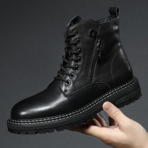 Leather men's boots Autumn and winter cowhide men's work boots with fleece top all match men's high tops - Schuhe