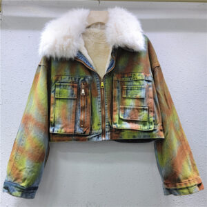 Women's Clothing Design heavy hand painted fur collar denim jacket for women hot girl plus velvet short denim jacket - Dam...