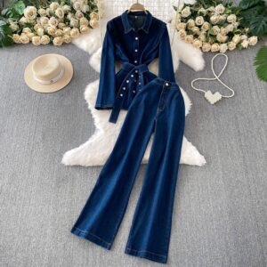 Vintage Elegance Denim Jacket & High-waisted Wide-leg Pants Set – Slimming Two-piece Outfit For Women​​ - Damenbekleidung