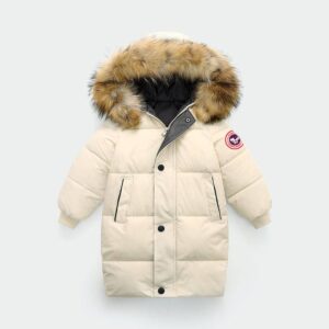 Kids' China Map Hooded Puffer Coat - Long-Length Winter Jacket With Detachable Faux Fur Trim, Thickened Windproof Outerwea...