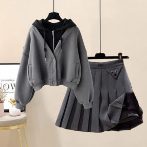 Women's Clothing New Autumn And Winter Suits For Fat Women Fashionable Splicing Hooded Sweatshirt Pleated Skirt Two Piece ...
