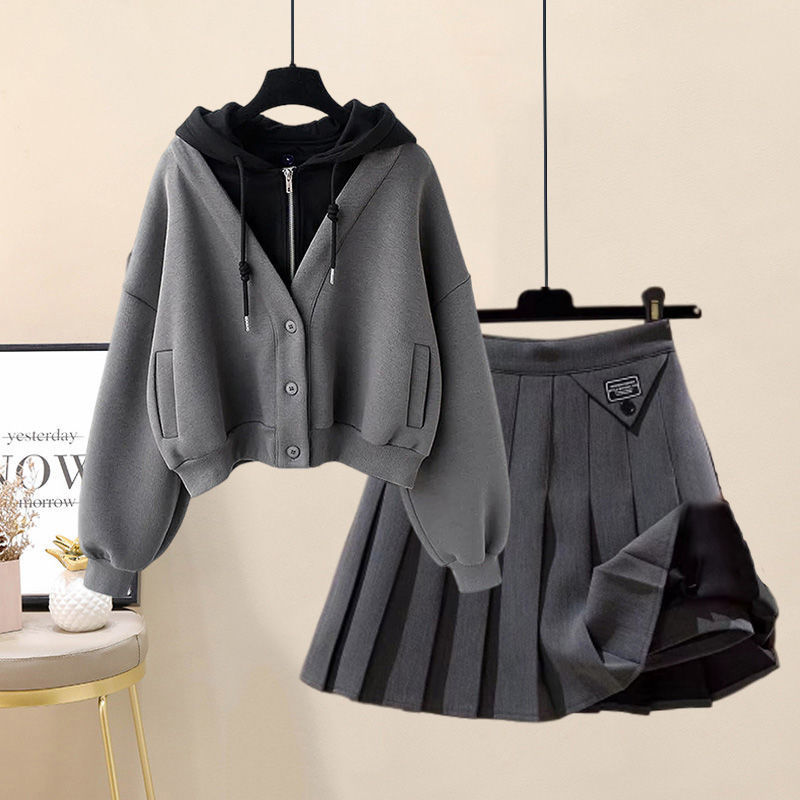 Women's Clothing New Autumn And Winter Suits For Fat Women Fashionable Splicing Hooded Sweatshirt Pleated Skirt Two Piece ...