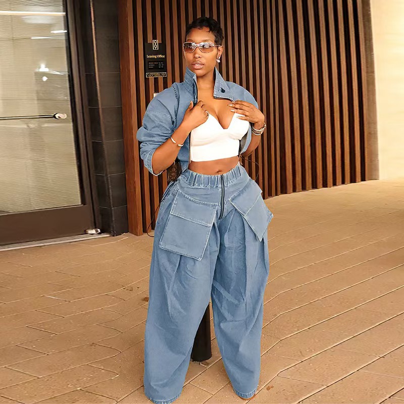 Trendy High-Waist Zip-Front Utility Denim Set With Oversized Pockets - Relaxed Fit Wide-Leg Two-Piece Outfit For Women" ...