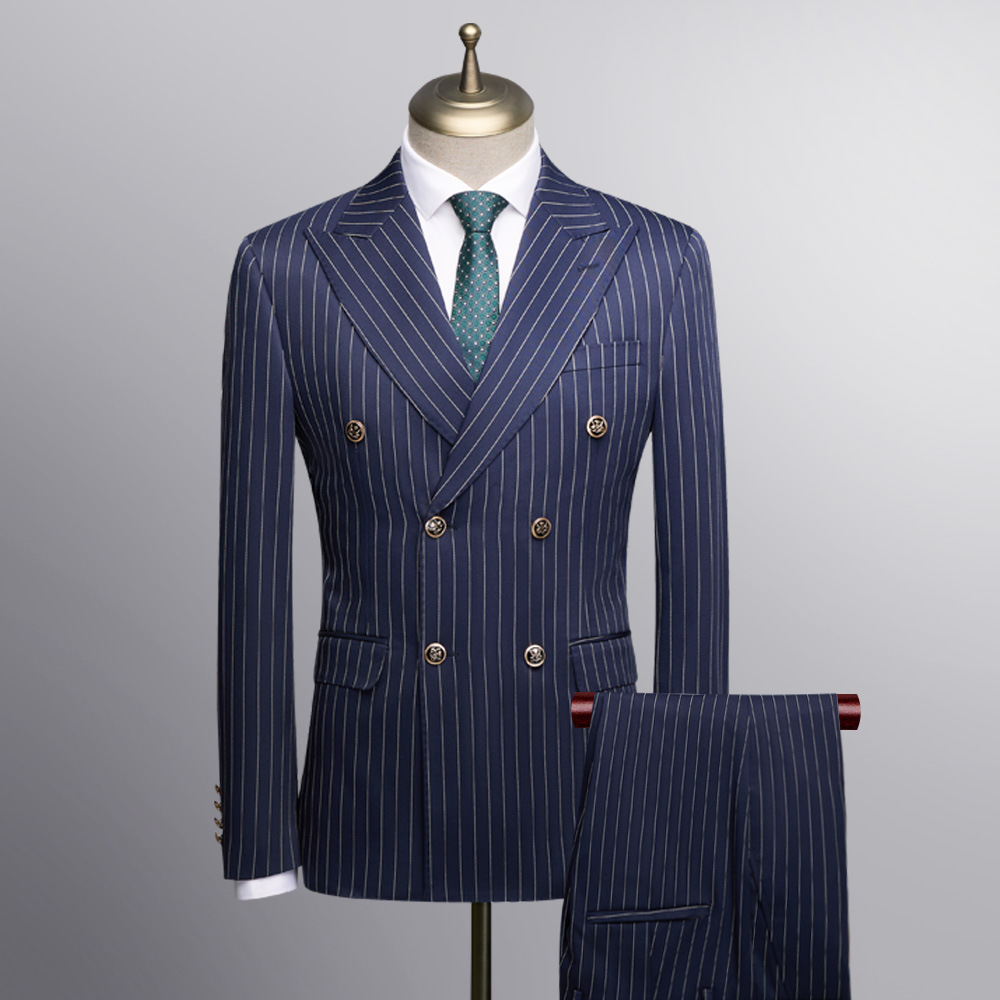 Men's Clothing Slim Fit Double Breasted Striped Suit Two Piece Set Slim Fit Double-Breasted Suit Set – Striped Business & ...