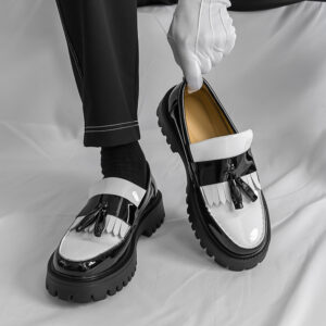 Men's British Fashion Black And White Color-blocking Tassel Thick-soled Heightened With One Foot, Korean Casual Round-toe ...