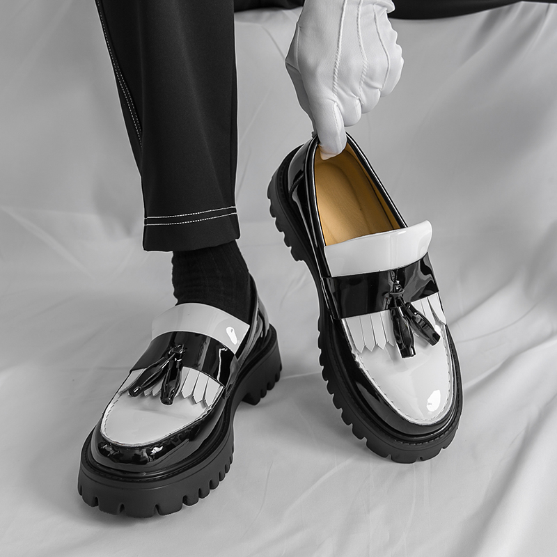 Men's British Fashion Black And White Color-blocking Tassel Thick-soled Heightened With One Foot, Korean Casual Round-toe ...