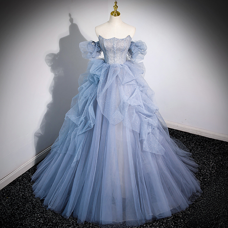 Women's Blue One Shoulder Evening Dress - Sexy Gauze Gown For Piano Performances, Weddings & Coming Of Age Ceremonies ...